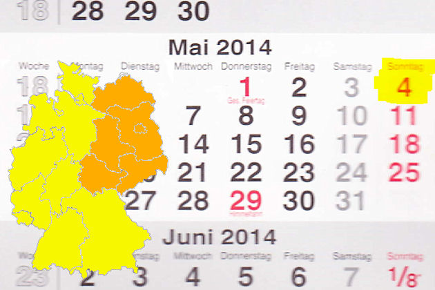 In den neuen Bundesländern laden am 04.05.2014 die Orte Berlin, Spremberg, Stahnsdorf, Ludwigslust, Neubrandenburg, Schwerin, Freiberg (Sachsen), Lichtenau (Sachsen), Magdeburg (eingeschränkt), Neuhaus am Rennweg und Saalfeld zum verkaufsoffenen Sonntag