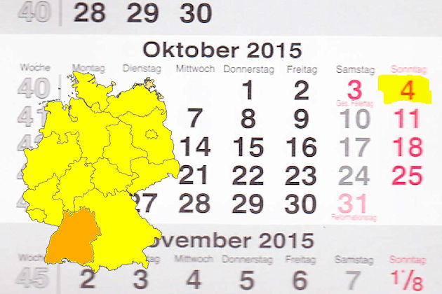 In Baden-Württemberg laden am 04.10.2015 die Orte Bad Schussenried, Baden-Baden, Bisingen, Göppingen, Ludwigsburg, Malsch, Mannheim, Ravensburg, Renningen, Rottenburg am Neckar, Sindelfingen, Staufen im Breisgau, Ulm, Waghäusel und Weil am Rhein (teilw