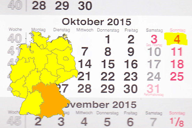 In Bayern laden am 04.10.2015 die Orte Abensberg, Altötting, Arnstein, Bad Neustadt a. d. Saale, Berchtesgaden, Bodenmais, Burgoberbach, Deining, Eichstätt, Erlenbach am Main, Fürth, Geisenhausen, Greding, Kaufbeuren, Mering, Neunkirchen am Brand, Pfaf