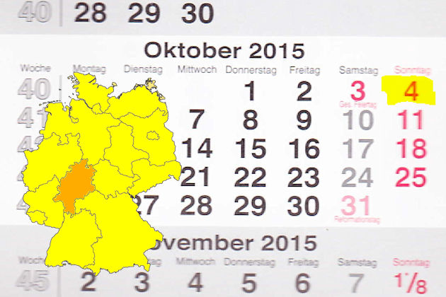 In Hessen laden am 04.10.2015 die Orte Bad Nauheim, Bad Soden-Salmünster, Bebra, Bürstadt, Dillenburg, Egelsbach, Frankfurt (Main), Fritzlar, Groß-Gerau, Hanau, Lindenfels, Lorch am Rhein, Michelstadt und Schlitz (teilweise) zum verkaufsoffenen Sonntag