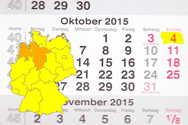 In Niedersachsen laden am 04.10.2015 die Orte Achim, Brake, Bramsche, Bückeburg, Buxtehude, Celle, Fürstenau, Georgsmarienhütte, Hameln, Hannover, Ilsede, Lingen (Ems), Papenburg, Rinteln, Ritterhude, Springe, Tostedt, Wilhelmshaven und Wolfsburg (teil