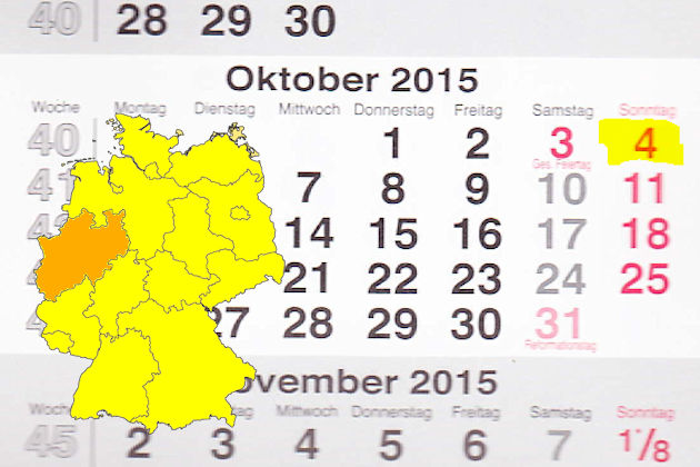 In Nordrhein-Westfalen laden am 04.10.2015 die Orte Aachen, Ahaus, Altena, Bad Berleburg, Bedburg-Hau, Bergheim, Bergisch Gladbach, Bottrop, Dinslaken, Dorsten, Dortmund, Duisburg, Erwitte, Essen, Gelsenkirchen, Gescher, Haan, Haltern am See, Hattingen, H