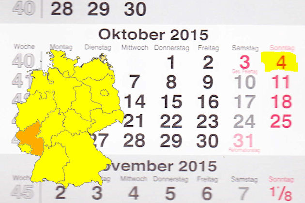 In Rheinland-Pfalz laden am 04.10.2015 die Orte Bad Sobernheim, Bernkastel-Kues, Betzdorf, Frankenthal (Pfalz), Gerolstein, Kaisersesch, Koblenz, Neustadt an der Weinstraße, Simmern im Hunsrück und Wirges (teilweise) zum verkaufsoffenen Sonntag ein.