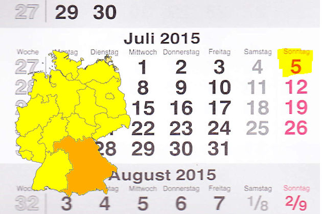 In Bayern laden am 05.07.2015 die Orte Ammerndorf, Gangkofen, Kemnath, Nesselwang, Neuendettelsau, Neunburg vorm Wald und Oberviechtach (teilweise) zum verkaufsoffenen Sonntag ein.