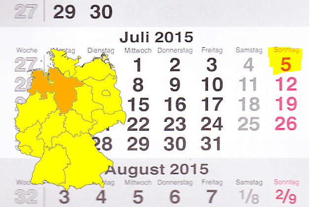 In Niedersachsen laden am 05.07.2015 die Orte Bad Bederkesa, Bad Iburg, Bad Pyrmont, Dinklage, Herzberg am Harz, Holzminden, Schüttorf und Wolfsburg (teilweise) zum verkaufsoffenen Sonntag ein.