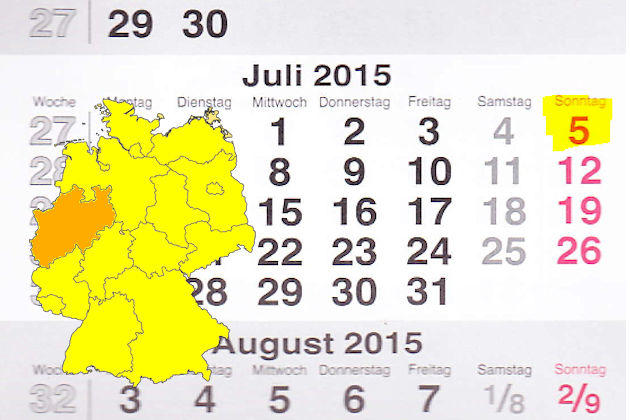 In Nordrhein-Westfalen laden am 05.07.2015 die Orte Bad Lippspringe, Bergisch Gladbach, Haltern am See, Halver, Jüchen, Kerpen, Langerwehe, Mettmann, Rösrath, Schleiden, Viersen, Wesseling, Wuppertal (teilweise) zum verkaufsoffenen Sonntag ein.