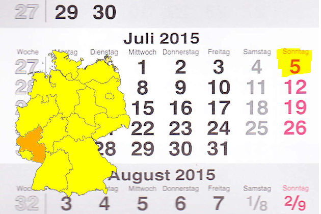 In Rheinland-Pfalz laden am 05.07.2015 die Orte Mendig und Saarburg (teilweise) zum verkaufsoffenen Sonntag ein.