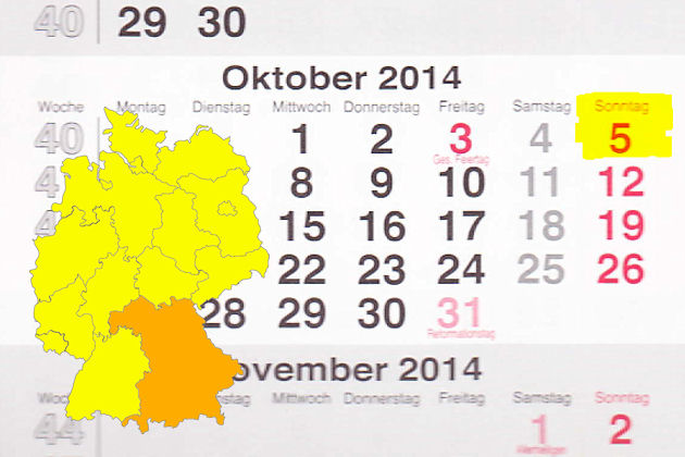 In Bayern laden am 05.10.2014 die Orte Altötting, Arnstein, Bad Abbach, Bayreuth, Berchtesgarden, Bodenmais, Coburg, Geisenhausen, Kaufbeuren, Landshut, Pfronten zum verkaufsoffenen Sonntag ein.