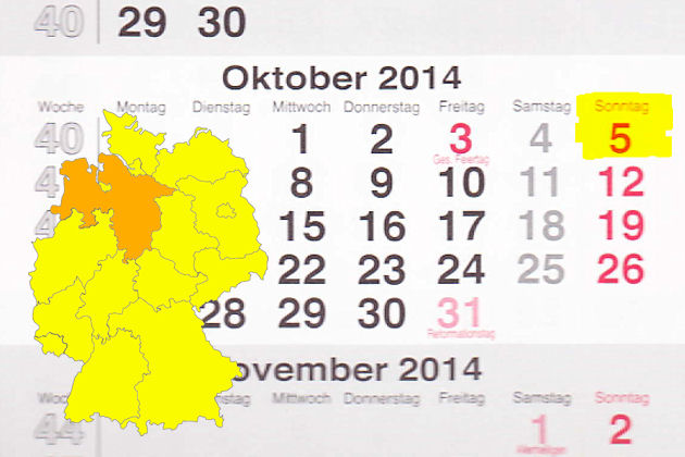 In Niedersachsen laden am 05.10.2014 die Orte Achim, Buchholz in der Nordheide, Buxtehude, Goslar, Hameln, Hannover, Lingen, Oldenburg, Papenburg, Rinteln zum verkaufsoffenen Sonntag ein.