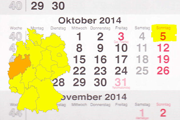 In Nordrhein-Westfalen laden am 05.10.2014 die Orte Aachen, Ahaus, Arnsberg, Bad Münstereifel, Bedburg-Hau, Bergheim, Bergisch Gladbach, Bergkamen, Bornheim (Rhein), Detmold, Dinslaken, Dorsten, Dortmund, Duisburg, Engelskirchen, Erwitte, Essen, Gelsenki