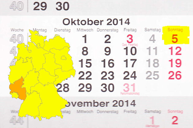 In Rheinland-Pfalz laden am 05.10.2014 die Orte Bad Dürkheim, Frankenthal (Pfalz), Gerolstein, Neustadt an der Weinstraße und Saarburg zum verkaufsoffenen Sonntag ein.