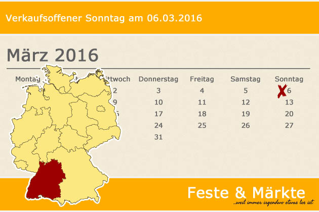 In Baden-Württemberg laden am 07.02.2016 die Orte Bad Mergentheim, Bietigheim-Bissingen, Blaubeuren, Dettingen unter Teck, Eberbach, Ellwangen (Jagst), Filderstadt, Heilbronn Kirchheim unter Teck, Ladenburg, Neckarsulm, Stuttgart, Tuttlingen und Uhingen 