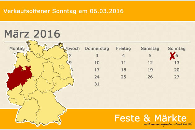 In Nordrhein-Westfalen laden am 06.03.2016 die Orte Arnsberg, Bergisch Gladbach, Düsseldorf, Goch, Haltern, Halver, Hückeswagen, Lage, Leverkusen, Oberhausen, Ochtrup, Schwerte, Solingen, Stadtlohn, Warstein, Westerkappeln und Wülfrath zum verkaufsoffe