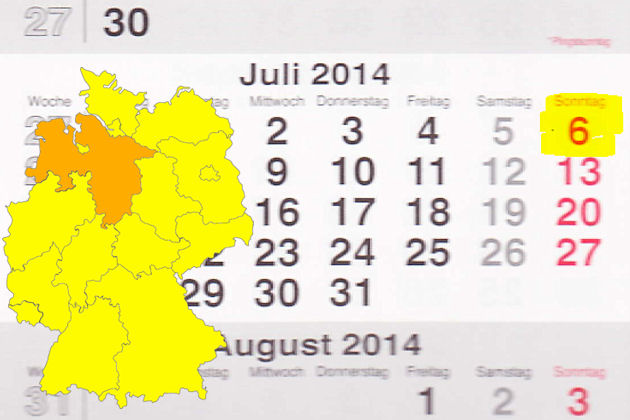 In Niedersachsen laden am 06.07.2014 die Orte Bad Bederkesa, Bad Nenndorf, Bad Pyrmont, Diepholz, Dinklage, Herzberg im Harz, Holzminden, Papenburg, Schüttorf, Wedemark und Wolfsburg zum verkaufsoffenen Sonntag ein.