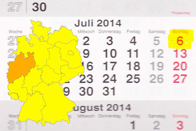 In Nordrhein-Westfalen laden am 06.07.2014 die Orte Bad Berleburg, Bad Lippspringe, Blomberg, Dinslaken, Essen, Halver, Kerpen, Langerwehe, Mettmann, Preuß. Oldendorf, Rheine, Rösrath, Viersen, Warstein, Wesseling, Wiehl und Wuppertal zum verkaufsoffene