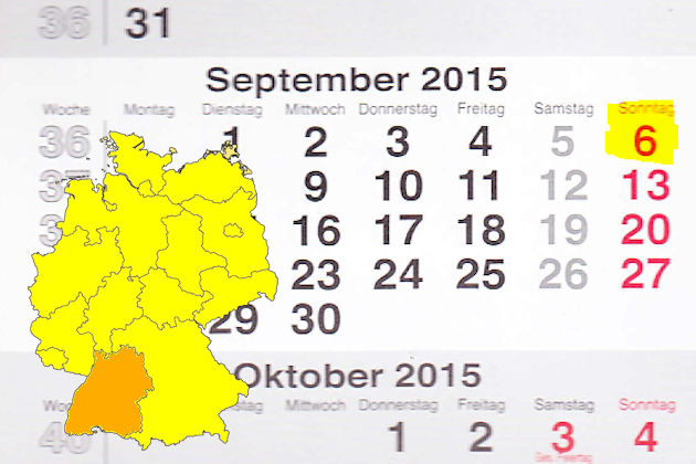In Baden-Württemberg laden am 06.09.2015 die Orte Leingarten, Neckarsulm, Ötigheim, St. Blasien und Waldbronn (teilweise) zum verkaufsoffenen Sonntag ein.