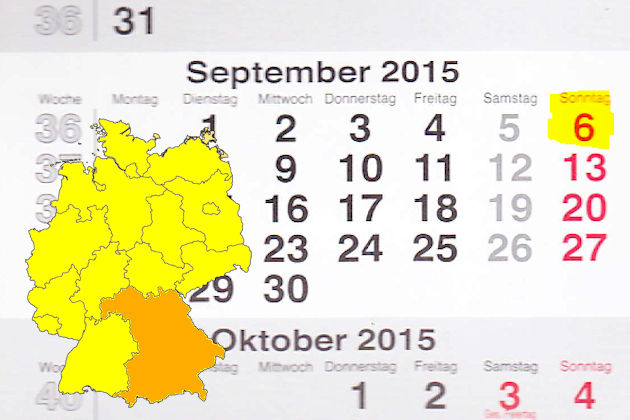 In Bayern laden am 06.09.2015 die Orte Donauwörth, Giebelstadt, Kronach, Landsberg am Lech, Miltenberg, Pöttmes, Roding, Ruhpolding, Schwarzenfeld, Seubersdorf, Uffenheim und Zwiesel (teilweise) zum verkaufsoffenen Sonntag ein.