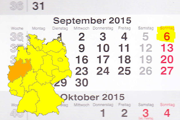 In Nordrhein-Westfalen laden am 06.09.2015 die Orte Attendorn, Bad Oeynhausen, Beckum, Bergheim, Bestwig,   Bielefeld, Bochum, Bonn, Borken, Bornheim (Rheinland), Castrop-Rauxel, Dorsten, Dortmund, Drensteinfurt,   Emmerich am Rhein, Erkrath, Eschweiler, 