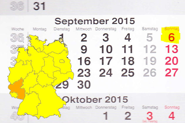 In Rheinland-Pfalz laden am 06.09.2015 die Orte Bitburg, Kusel, Limburgerhof, Ludwigshafen, Lutzerath, Neuwied und Zweibrücken (teilweise) zum verkaufsoffenen Sonntag ein.