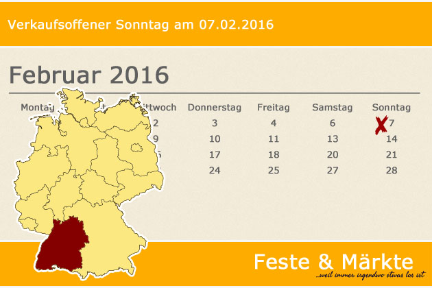 In Baden-Württemberg laden am 07.02.2016 die Orte Gaildorf und Leonberg zum verkaufsoffenen Sonntag ein.