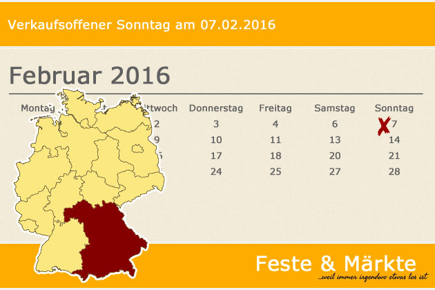 In Bayern laden am 07.02.2016 die Orte Auerbach in der Oberpfalz, Garmisch-Partenkirchen, Gunzenhausen, Höchstadt, Sulzbach-Rosenberg und Weißenburg zum verkaufsoffenen Sonntag ein.