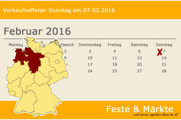In Niedersachsen laden am 07.02.2016 die Orte Bad Bederkesa, Bad Iburg, Norden und Ritterhude zum verkaufsoffenen Sonntag ein.
