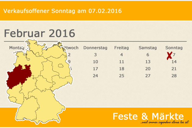 In Nordrhein-Westfalen laden am 07.02.2016 die Orte Haan, Haltern am See, Marl und Recklinghausen zum verkaufsoffenen Sonntag ein.