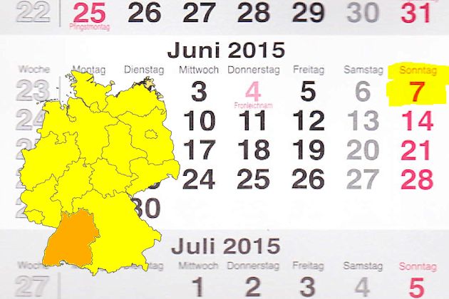 In Baden-Württemberg laden am 07.06.2015 die Orte Bad Dürrheim, Rheinfelden (Baden), Sulzbach-Laufen, Weil der Stadt und Wertheim (teilweise) zum verkaufsoffenen Sonntag ein.