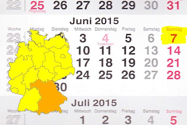In Bayern laden am 07.06.2015 die Orte Ansbach, Bad Aibling, Frontenhausen, Herzogenaurach, Landsberg am Lech, Peiting und Volkach (teilweise) zum verkaufsoffenen Sonntag ein.