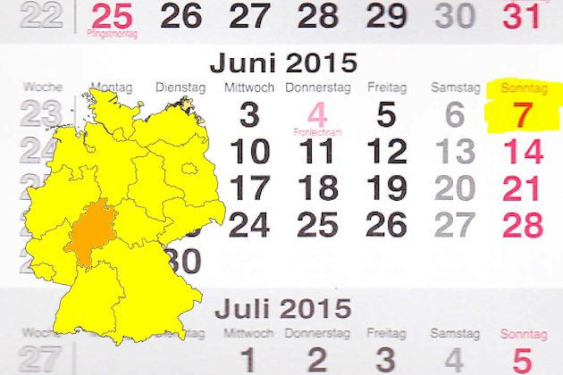 In Hessen laden am 07.06.2015 die Orte Bad Arolsen, Eltville am Rhein, Herborn, Hofgeismar, Kassel, Langenselbold und Trebur (teilweise) zum verkaufsoffenen Sonntag ein.