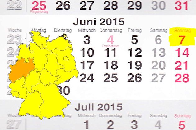 In Nordrhein-Westfalen laden am 07.06.2015 die Orte Bad Godesberg, Bad Honnef, Beckum, Dorsten, Düsseldorf, Frechen, Gelsenkirchen, Gescher, Haltern am See, Heiligenhaus, Herne, Herzogenrath, Iserlohn, Jülich, Köln, Medebach, Ratingen, Übach-Palenberg