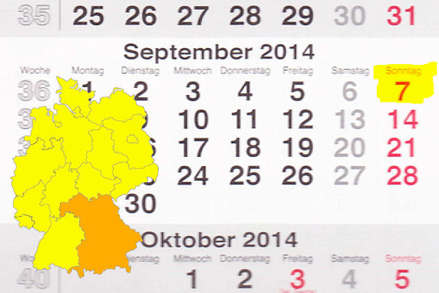 In Bayern laden am 07.09.2014 die Orte Donauwörth, Eging a. See, Giebelstadt, Kronach, Landsberg am Lech, Leutershausen, Miltenberg, Pöttmes, Roding, Ruhpolding, Uffenheim, Waldsassen und Zwiesel zum verkaufsoffenen Sonntag ein.