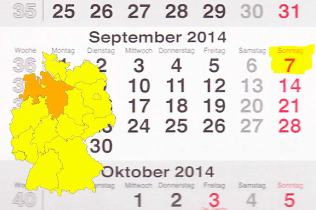 In Niedersachsen laden am 07.09.2014 die Orte Bad Bederkesa, Bad Fallingbostel, Bad Iburg, Barnstorf, Bockhorn, Burgdorf (Region Hannover), Bückeburg, Damme, Dinklage, Edewecht, Hagen am Teutoburger Wald, Helmstedt, Hude, Meppen, Osnabrück, Ottersberg, 