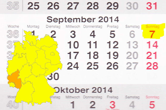 In Rheinland-Pfalz laden am 07.09.2014 die Orte Bitburg, Hachenburg, Kusel, Limburgerhof, Ludwigshafen, Neuwied, Selters, Westerburg und Zweibrücken zum verkaufsoffenen Sonntag ein.