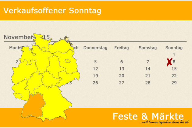 In Baden-Württemberg laden am 08.11.2015 die Orte Aalen, Appenweier, Bad Säckingen, Bietigheim-Bissingen, Böblingen, Bühl, Durmersheim, Elzach, Esslingen, Ettenheim, Graben-Neudorf, Kirchzarten, Lauda-Königshofen, Marbach am Neckar, Markdorf, Mühlac