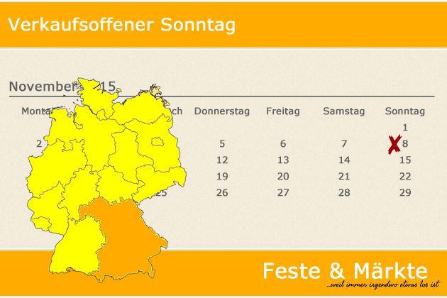 In Bayern laden am 08.11.2015 die Orte Altötting, Ansbach, Bad Neustadt, Coburg, Dinkelsbühl, Ebermannstadt, Eggenfelden, Feuchtwangen, Garmisch-Partenkirchen, Geretsried, Großheubach, Haßfurt, Herzogenaurach, Kaufbeuren, Kitzingen, Lichtenfels, Linda