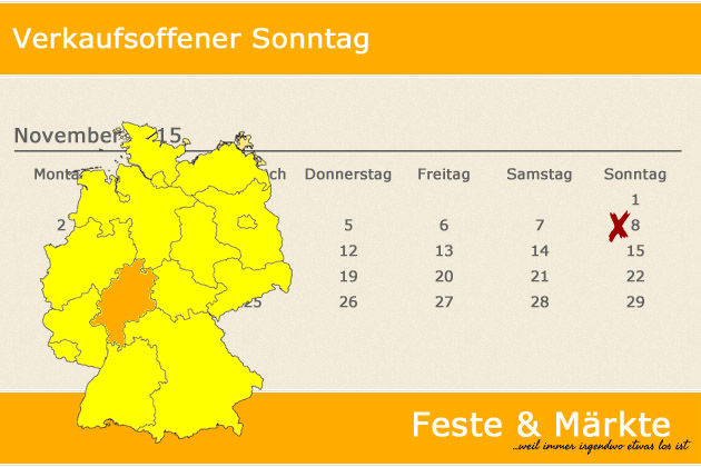 In Hessen laden am 08.11.2015 die Orte Alsfeld, Bensheim, Herborn, Hochheim am Main, Hünfeld, Schlüchtern, Seeheim-Jugenheim, Sontra, Viernheim und Weilmünster (teilweise) zum verkaufsoffenen Sonntag ein.