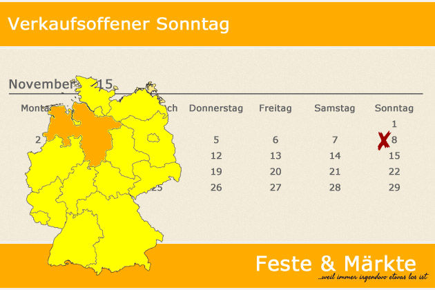 In Niedersachsen laden am 08.11.2015 die Orte Alfeld (Leine), Cloppenburg, Duderstadt, Einbeck, Hessisch Oldendorf, Lehrte, Löningen, Nordhorn, Northeim, Rastede, Rinteln, Springe, Verden (Aller), Visbek, Werlte, Weyhe, Wiesmoor, Wildeshausen, Wolfenbüt