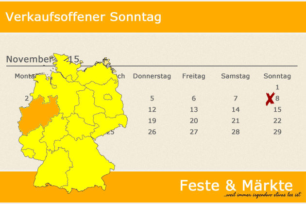 In Nordrhein-Westfalen laden am 08.11.2015 die Orte Aachen, Alsdorf, Attendorn, Bad Driburg, Bedburg-Hau, Bergheim, Beverungen, Bocholt, Bochum, Bonn, Bornheim (Rheinland), Brühl, Dortmund, Duisburg, Emsdetten, Enger, Eschweiler, Essen, Geldern, Gelsenki