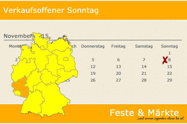 In Rheinland-Pfalz laden am 08.11.2015 die Orte Adenau, Cochem an der Mosel, Diez, Germersheim, Hermeskeil, Hockenheim, Ingelheim am Rhein, Ludwigshafen, Mendig, Mülheim-Kärlich, Neustadt an der Weinstraße, Pirmasens, Ransbach-Baumbach, Saarburg, Sinzi