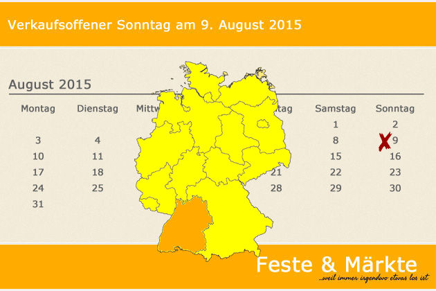 In Baden-Württemberg laden am 09.08.2015 die Orte Igersheim und Ketsch (teilweise) zum verkaufsoffenen Sonntag ein.