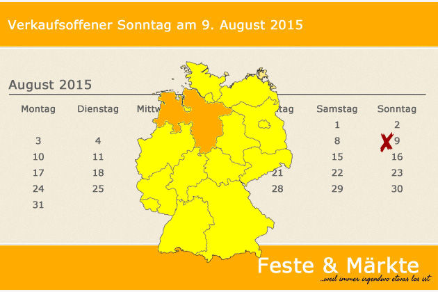 In Niedersachsen laden am 09.08.2015 die Orte Emden, Gehrden, Jever und Rinteln (teilweise) zum verkaufsoffenen Sonntag ein.
