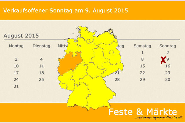 In Nordrhein-Westfalen laden am 09.08.2015 die Orte Aachen, Arnsberg, Bad Salzuflen, Bottrop, Düsseldorf, Köln, Pulheim, Solingen, Wassenberg (teilweise) zum verkaufsoffenen Sonntag ein.