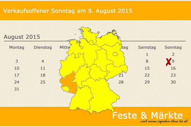 In Rheinland-Pfalz laden am 09.08.2015 die Orte Kirchheimbolanden, Linz am Rhein und Zweibrücken (teilweise) zum verkaufsoffenen Sonntag ein.