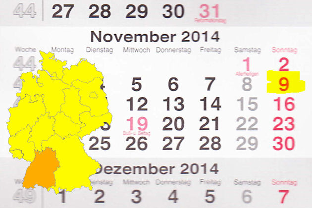 In Baden-Württemberg laden am 09.11.2014 die Orte Aalen, Appenweier, Böblingen, Elzach, Essingen, Ettenheim, Kirchzarten, Lauda-Königshofen, Mühlacker und Marbach zum verkaufsoffenen Sonntag ein.