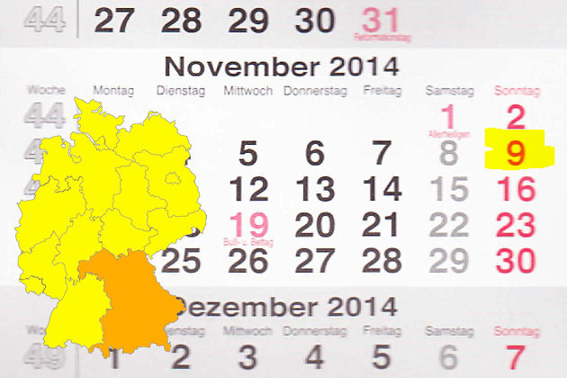 In Bayern laden am 09.11.2014 die Orte Ansbach, Feuchtwangen, Großheubach, Herzogenaurach, Kaufbeuren, Lindau (Bodensee), Murnau, Rain am Lech, Schrobenhausen und Wolfratshausen zum verkaufsoffenen Sonntag ein.