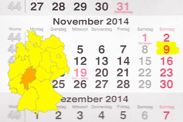 In Hessen laden am 09.11.2014 die Orte Altenstadt (Hessen), Bensheim, Herborn, Hünfeld, Schlüchtern, Seeheim-Jugenheim, Sontra, Viernheim und Weilmünster zum verkaufsoffenen Sonntag ein.
