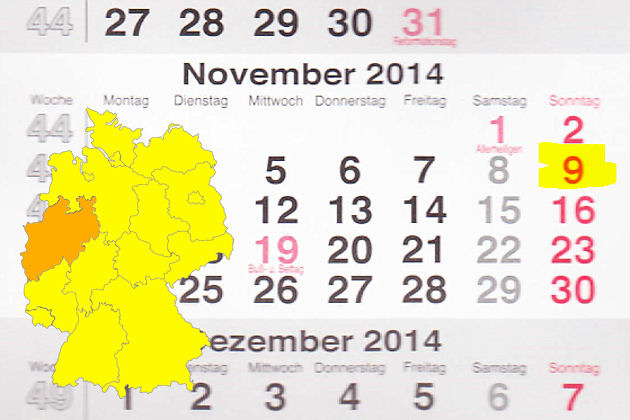 In Nordrhein-Westfalen laden am 09.11.2014 die Orte Attendorn, Bad Driburg, Bergheim, Bergisch Gladbach, Beverungen, Brühl, Dinslaken, Dorsten, Dortmund, Duisburg, Enger, Eschweiler, Geseke, Gevelsberg, Greven, Gronau, Haan, Halle (Westf.), Haltern am Se