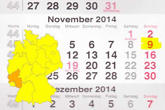 In Rheinland-Pfalz laden am 09.11.2014 die Orte Cochem an der Mosel, Diez, Guntersblum, Hermeskeil, Mendig, Pirmasens und Sinzig zum verkaufsoffenen Sonntag ein.