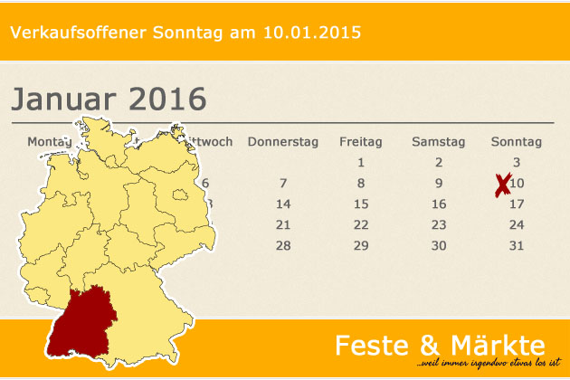 In Baden-Württemberg lädt am 10.01.2016 nur Ellwangen (Jagst) anlässlich des Pferdemarktes zum verkaufsoffenen Sonntag ein.
